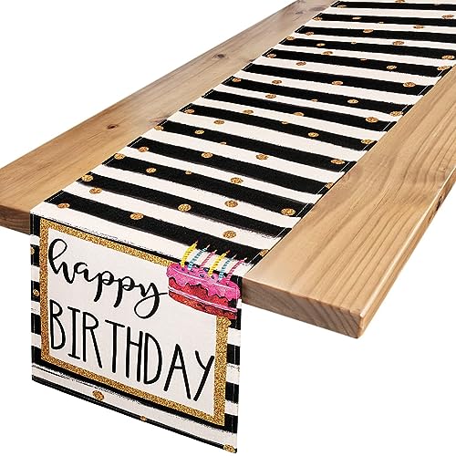 Tischläufer Schwarz Birthday Streifen Geburtstagstischläufer mit Goldenen Punkten Kuchenkerzen Tischläufer Küche Esstischdekoration für Den Innenbereich Im Freien Party Dekor 40x140 von Hanrunsi