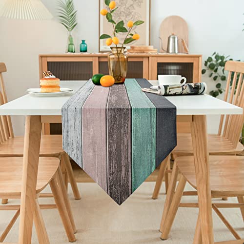 Tischläufer Türkis Moderne Tischläufer Wohnzimmer Streifen Rustikal Retro Scheune Holz Textur Blaugrün 40x140cm Jute Tischläufer für Esstisch Bauernhaus Party Picknick Kostenlose Küchendekoration von Hanrunsi