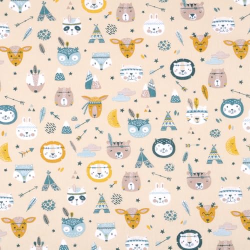 Stoff Meterware Kinderstoff Baumwollstoff - 1 Meter, Nähen, Bettwäsche, Kinder, Baby, Jungen, Mädchen, Bekleidung, Deko (Indianer Tiere) von Hans-Textil-Shop