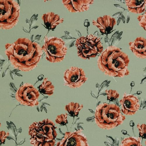 Stoff Meterware Blumen Blüten Blätter Canvas Baumwolle - 1 Meter, Geblümt, Blumenmuster, Kissen, Vorhänge, Tischdecke, Deko, Taschen, Nähen (Große Mohnblumen Grün) von Hans-Textil-Shop