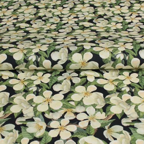 Stoff Meterware Blumen Blüten Blätter Canvas Baumwolle - 1 Meter, Geblümt, Blumenmuster, Kissen, Vorhänge, Tischdecke, Deko, Taschen, Nähen (Kirschblüte Schwarz) von Hans-Textil-Shop