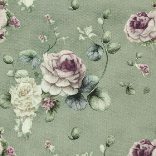 Stoff Meterware Blumen Blüten Blätter Canvas Baumwolle - 1 Meter, Geblümt, Blumenmuster, Kissen, Vorhänge, Tischdecke, Deko, Taschen, Nähen (Romantische Blumen Grün) von Hans-Textil-Shop