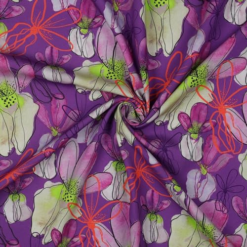 Stoff Meterware Blumen Blüten Flowers Viskose - Damen Blumen Frühling Sommer Bluse Rock Kleid Accessoires Deko (Große Blüten Aquarell Lila) von Hans-Textil-Shop