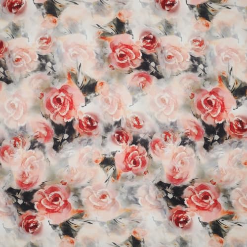 Stoff Meterware Blumen Blüten Flowers Viskose - Damen Blumen Frühling Sommer Bluse Rock Kleid Accessoires Deko (Rosen Rosa Aquarell) von Hans-Textil-Shop