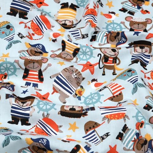 Stoff Meterware Kinderstoff Baumwollstoff - 1 Meter, Nähen, Bettwäsche, Kinder, Baby, Jungen, Mädchen, Bekleidung, Deko (Piraten Tiere Hellblau) von Hans-Textil-Shop