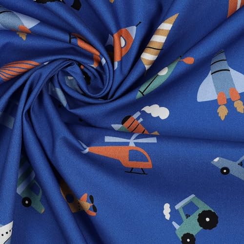 Stoff Meterware Kinderstoff Baumwollstoff Baumwolle - 1 Meter, Nähen, Bettwäsche, Kinder, Baby, Jungen, Mädchen, Bekleidung, Deko (Fahrzeuge Rakete Schiff Blau) von Hans-Textil-Shop