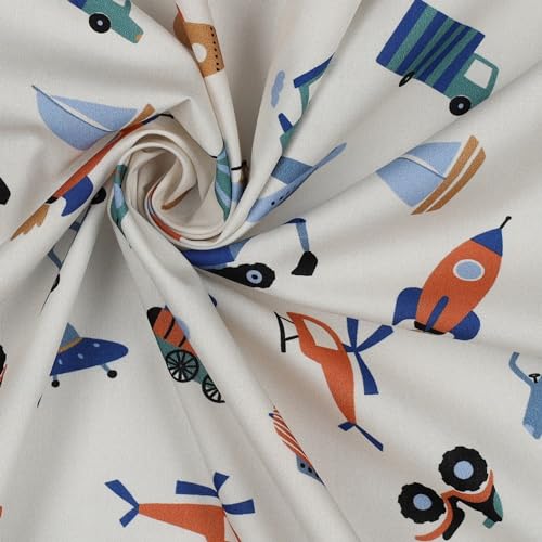 Stoff Meterware Kinderstoff Baumwollstoff Baumwolle - 1 Meter, Nähen, Bettwäsche, Kinder, Baby, Jungen, Mädchen, Bekleidung, Deko (Fahrzeuge Rakete Schiff Weiß) von Hans-Textil-Shop