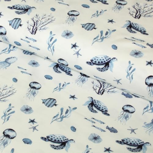 Stoff Meterware Kinderstoff Jerseystoff - 1 Meter, Jersey, Nähen, Kinder, Baby, Jungen, Mädchen, Bekleidung, Shirt (Sealife Meer Creme) von Hans-Textil-Shop