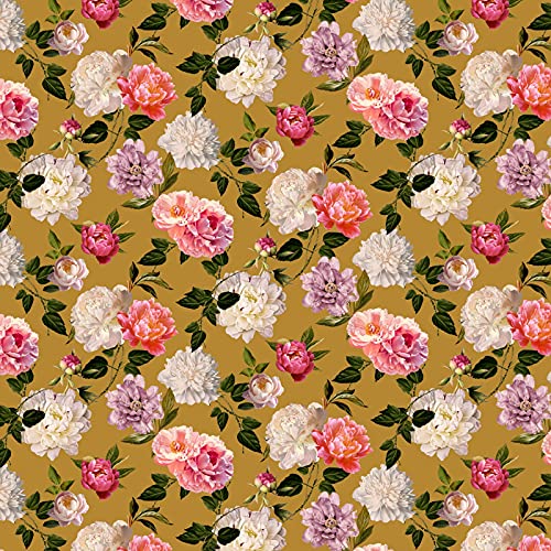 Stoff Meterware Blumen Blüten Flowers Viskose - Damen Blumen Frühling Sommer Bluse Rock Kleid Accessoires Deko (Pfingstrose Ocker) von Hans-Textil-Shop