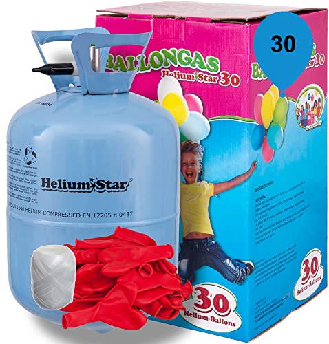 Helium Ballongas + 30 rote Herzballons Latex Ø 25cm + Polyband, HeliumStar® Einwegflasche Helium Gas für 30 Ballons von Hansegas