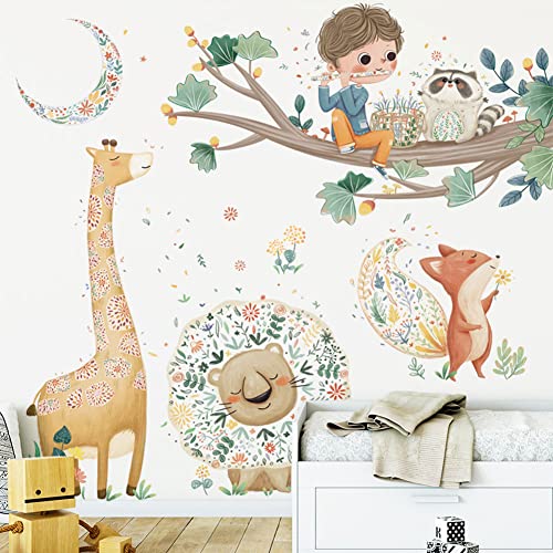 HaoFuJi Selbstklebend Groß Wandaufkleber Bunter Mond Baum Pflanzen Blumen Wandtattoo Kinderzimmer Tiere Waschbär Giraffe Fuchs Deko Tapete Wanddeko für Wohnzimmer Schlafzimmer Flur Büro von HaoFuJi