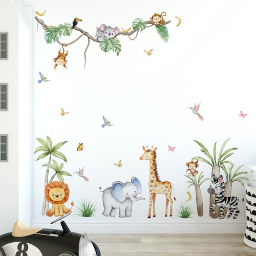 HaoFuJi Wandtattoo Dschungel Tiere Kinderzimmer Affen Zebra Waldtiere Junge Mädchen Deko Wandsticker Ast Löwe Wandaufkleber Wanddeko Wohnzimmer Babyzimmer Wandbild Kinder Aufkleber Safari Tapete von HaoFuJi