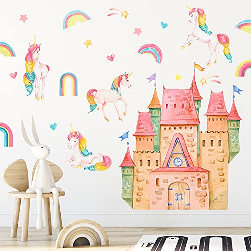 HaoFuJi Wandtattoo Einhorn Schloss Regenbogen Mädchen Deko Wandsticker Märchenschloss Wandaufkleber Wanddeko Kinderzimmer Wohnzimmer Babyzimmer Wandbilder Kinder Aufkleber Safari Tapete Selbstklebend von HaoFuJi