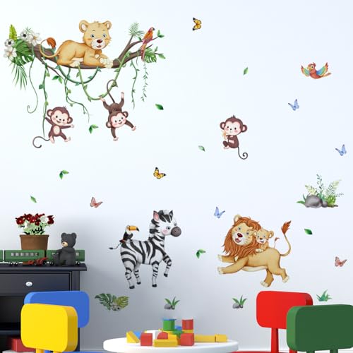 HaoFuJi Wandtattoo Kinderzimmer Affen Zebra Waldtiere Junge Mädchen Dschungel Deko Wandsticker Ast Löwe Tiere Wandaufkleber Wanddeko Wohnzimmer Babyzimmer Wandbild Kinder Aufkleber Safari Tapete von HaoFuJi