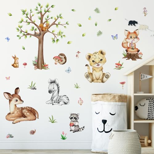 HaoFuJi Wandtattoo Kinderzimmer Baum Waldtiere Junge Mädchen Tiere Dschungel Deko Wandsticker Reh Wandaufkleber Wanddeko Wohnzimmer Babyzimmer Wandbild Kinder Aufkleber Safari Tier Tapete von HaoFuJi