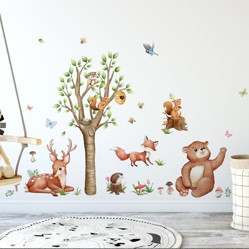 HaoFuJi Wandtattoo Waldtiere Kinderzimmer Baum Junge Mädchen Tiere Dschungel Deko Wandsticker Reh Fuchs Wandaufkleber Wanddeko Schlafzimmer Babyzimmer Wandbild Kinder Aufkleber Safari Tapete von HaoFuJi