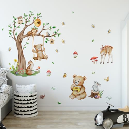 HaoFuJi Wandtattoo Waldtiere Kinderzimmer Baum Junge Mädchen Tiere Dschungel Deko Wandsticker Reh Fuchs Wandaufkleber Wanddeko Wohnzimmer Babyzimmer Wandbild Kinder Aufkleber Safari Tapete von HaoFuJi