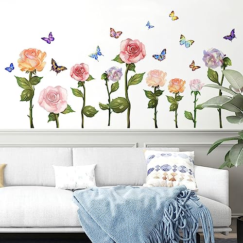 HaoFuJi Wandtattoo Wohnzimmer Blumen Schmetterlinge Rose Wandsticker Pflanzen Deko Tapete Groß Wandaufkleber Blume Wanddeko Wandbilder für Kinderzimmer Schlafzimmer Flur Büro Bad fensterbild Deko von HaoFuJi