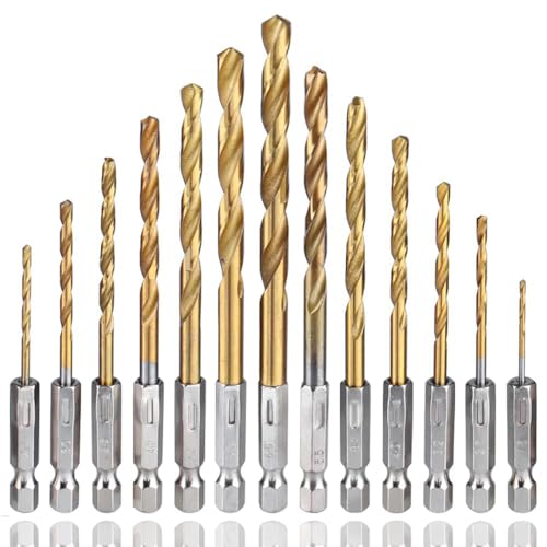 HaoTrade 13 Stück 1/4"Sechskantschaft Titan Bohrerset, HSS Spiralbohrer Set, 1,5-6,5 mm Schnellarbeitsstahl Bohrer, Titanbeschichtetes Metallbohrer Set für Holz, Edelstahl, Metall, Kunststoff, Alumini von HaoTrade