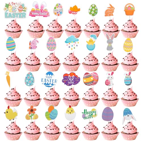 28 Stück Easter Cupcake Toppers, Ostereiersuche Topper mit Klebepunkt, Bunte Dekoration Osterfest, Cupcake-Picker für Ostern für Mottopartys zu Ostern von Haocjanc