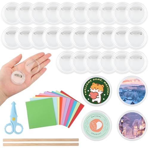 30 Stück Buttons Selber Machen Ohne Buttonmaschine, 38mm Transparente Buttons, Buttons Anstecker mit Farbiges Papier, Schere, Bleistiften, DIY Buttons Für Fotos, Bilder, Kleidung von Haocjanc