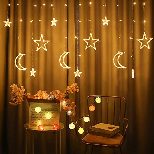 Haofy 126 LED Sternenlichter, Twinkle Star Moon Lichterkette mit 8 Beleuchtungsmodi, Vorhang Lichterketten für Ramadan Home Fenster Hochzeit Garten Weihnachtsdekoration von Haofy