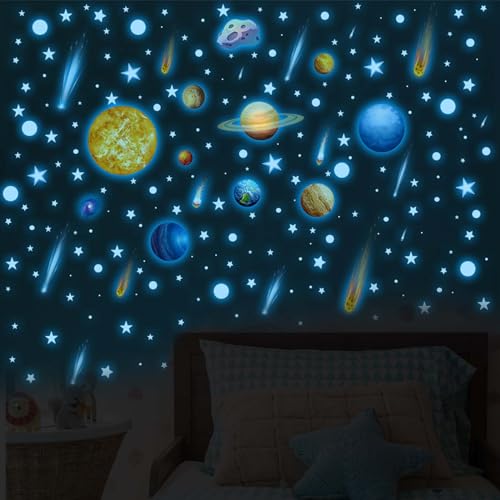 397 stücke Leuchtsterne Kinderzimmer Wandtattoo, 9 Planeten Wandsticker Leuchtaufkleber, Leuchtsterne und Planeten wandsticker, Sonnensystem - Leuchtsticker -Wandtattoo (397) von Haohai