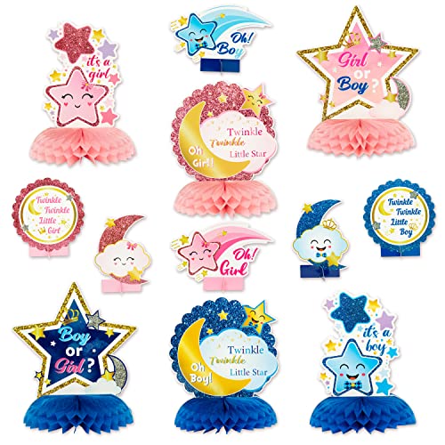 Haooryx 12 Stück Twinkle Twinkle Little Star Baby Gender Reveal Honeycomb Tafelaufsätze, Rosa Blau Baby Shower Party Junge oder Mädchen Er oder Sie Tischdekoration für Party Dekorations Zubehör von Haooryx