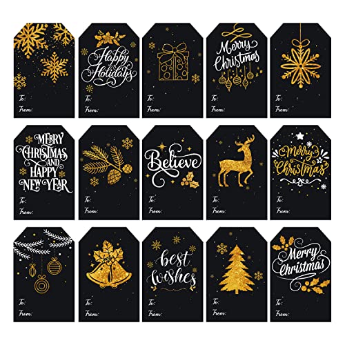 Haooryx 150PCS Weihnachten Geschenk Tag Aufkleber Schwarz und Gold selbstklebend Weihnachten Name Tag Etiketten Aufkleber Xmas zu und von Aufkleber für Neujahr Urlaub Geschenk(Schwarz Gold,10Sheet) von Haooryx