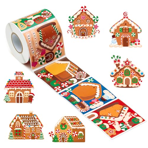 Haooryx 300 STK. Weihnachts-Lebkuchenhaus-Szene-Sticker Rolle Kreatives DIY-Kunstprojekt die gesamte Familie Festliche Dekoration Weihnachten Winter Partys Geschenkbeutel Wasserflaschen Umschläge von Haooryx