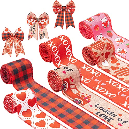 Haooryx 6Stück Valentinstag Bänder Wired Edge Ribbons LOVE XOXO Bär Herz Romantik Rot Schwarz Raster Einwickelband Valentinstag Hochzeit Jahrestag Heiratsantrag Heirat Feier Dekoration von Haooryx