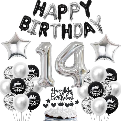 14 Geburtstag Deko Schwarzes Silber Deko 14. Geburtstag Junge Schwarz Tortendeko 14 Geburtstag Mädchen 14 Geburtstag Dekoration 14 Jahre Schwarz Silber Party Ballons 14. Geburtstag Schwarz Silber von Haosell