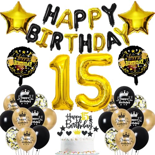 15 Geburtstag Deko Schwarz Gold 15. Geburtstag Junge Mädchen Gold 15 Jahr Geburtstagdeko 15. Ballon Schwarz Gold Deko 15 Jahr Party Decoration Luftballons 15 Geburtstag Schwarz Gold 15 Tortendeko von Haosell