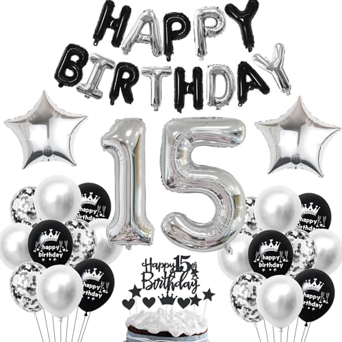 15 Geburtstag Deko Schwarzes Silber Deko 15. Geburtstag Junge Schwarz Tortendeko 15 Geburtstag Mädchen 15 Geburtstag Dekoration 15 Jahre Schwarz Silber Party Ballons 15. Geburtstag Schwarz Silber von Haosell