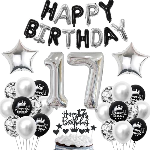 17 Geburtstag Deko Schwarzes Silber Deko 17. Geburtstag Junge Schwarz Tortendeko 17 Geburtstag Mädchen 17 Geburtstag Dekoration 17 Jahre Schwarz Silber Party Ballons 17. Geburtstag Schwarz Silber von Haosell