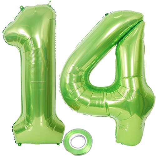 2 Luftballons Zahl 14 Grün, Zahlballon 14 Grün, Luftballons 14 Geburtstag deko Junge Mädchen Grün XXXL Riesen Folienballon 14,40"Aufblasbar Heliumballon 14 jahre Geburtstag Deko Junge Mädchen(14) von Haosell