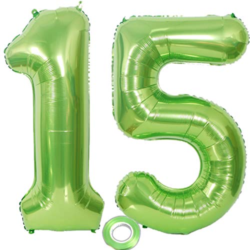 2 Luftballons Zahl 15 Grün, Zahlballon 15 Grün, Luftballons 15 Geburtstag deko Junge Mädchen Grün XXXL Riesen Folienballon 15,40"Aufblasbar Heliumballon 15 jahre Geburtstag Deko Junge Mädchen(15) von Haosell