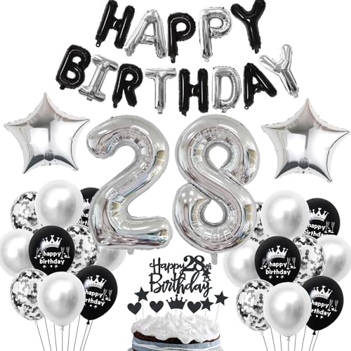 28 Geburtstag Deko Schwarzes Silber Deko 28. Geburtstag Mann Schwarz Tortendeko 28 Geburtstag Frau 28 Geburtstag Dekoration 28 Jahre Schwarz Silber Party Ballons 28. Geburtstag Schwarz Silber von Haosell