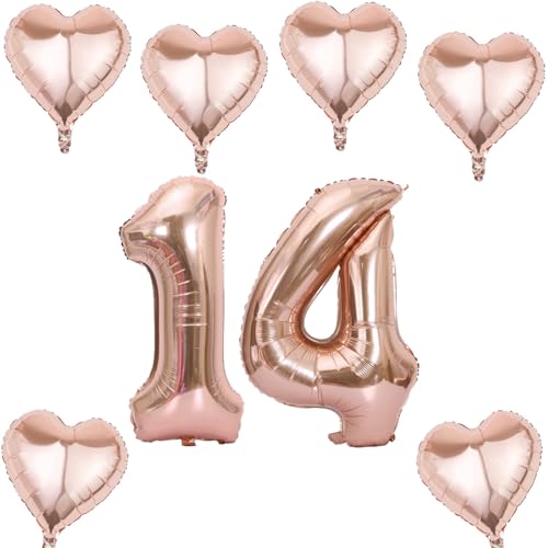 Roségold Zahlen Luftballon 14 +6 pcs herz Heliumballon 14. Geburtstag Deko für Mädchen,40" Roségold Riesen Folienballon 14 für 14 Jahre Geburtstag deko, Roségold Helium Zahlenballon 14 von Haosell