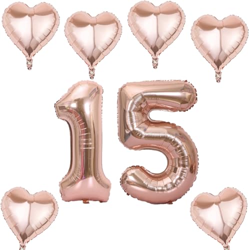 Roségold Zahlen Luftballon 15 +6 pcs herz Heliumballon 15. Geburtstag Deko für Mädchen,40" Roségold Riesen Folienballon 15 für 15 Jahre Geburtstag deko, Roségold Helium Zahlenballon 15 von Haosell