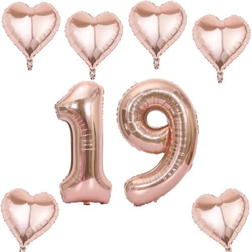 Roségold Zahlen Luftballon 19 +6 pcs herz Heliumballon 19. Geburtstag Deko für Mädchen,40" Roségold Riesen Folienballon 19 für 19 Jahre Geburtstag deko, Roségold Helium Zahlenballon 19 von Haosell