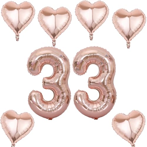 Roségold Zahlen Luftballon 33 +6 pcs herz Heliumballon 33. Geburtstag Deko für Frauen,40" Roségold Riesen Folienballon 33 für 33 Jahre Geburtstag deko, Roségold Helium Zahlenballon 33 von Haosell