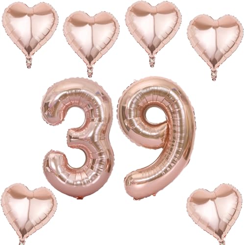 Roségold Zahlen Luftballon 39 +6 pcs herz Heliumballon 39. Geburtstag Deko für Frauen,40" Roségold Riesen Folienballon 39 für 39 Jahre Geburtstag deko, Roségold Helium Zahlenballon 39 von Haosell