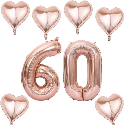 Roségold Zahlen Luftballon 60 +6 pcs herz Heliumballon 60. Geburtstag Deko für Frauen,40" Roségold Riesen Folienballon 60 für 60 Jahre Geburtstag deko, Roségold Helium Zahlenballon 60 von Haosell