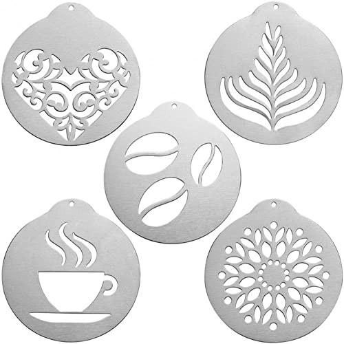 Haowul Edelstahl Kaffeeschablonen 5pcs Schaumlatte Art Schablonen Barista Vorlage Zum Dekorieren Von Haferflocken Cupcake Cappuccino von Haowul