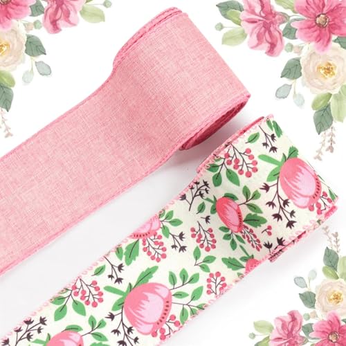 Haoyaru 2-Rollen von 10-Größe florale drahtgebundene Kante Band, 2,5-Zoll rosa florale Jute Band, rosa Geschenkverpackungsband, geeignet für Bauernhaus Party DIY Handwerk, Frühling florale Kranz Bogen von Haoyaru