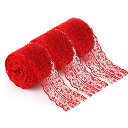 Spitzenband, 10 Meter 4,5cm Breites Vintage Spitzenbordüre Weiss Spitze Tischband Spitzenband Zum Nähen für Hochzeit Tischdeko Basteln Geschenkband(Rot-3PCS) von Hapivida