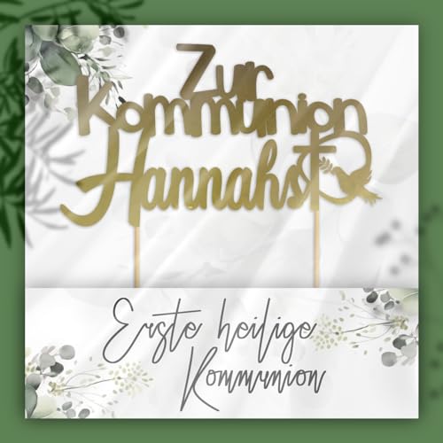 Cake Topper Personalisiert Tortenstecker mit individuellen Wunschnamen – Name, Datum, Kuchendeckel Glamour (Kommunion, Golden) von Happenings