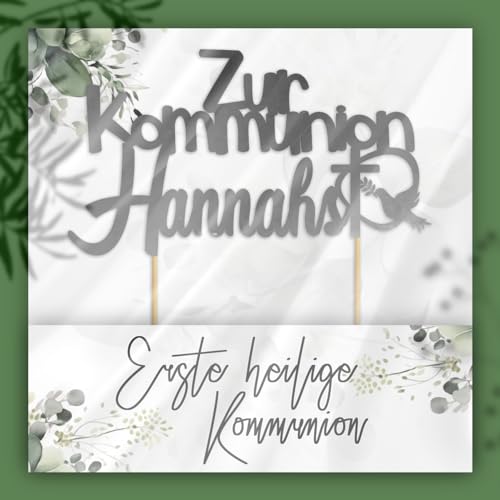 Cake Topper Personalisiert Tortenstecker mit individuellen Wunschnamen – Name, Datum, Kuchendeckel Glamour (Kommunion, Silber) von Happenings