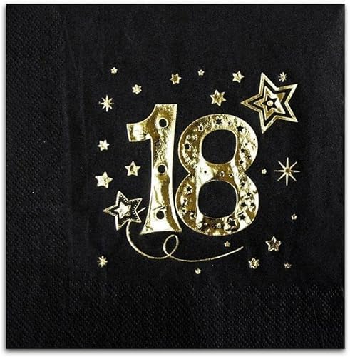 Papierservietten für 18. Geburtstag, Party, achtzehnter Geburtstag, Goldschrift, Silberschrift, Tischdekoration, 33x33cm Schwarze Servietten, Sterne (Gold) von Happenings